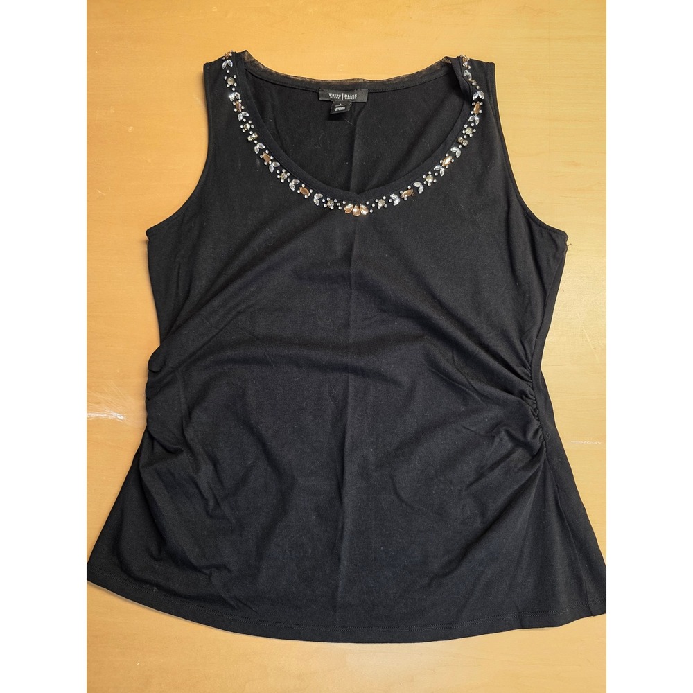 White House Black Market Black Jeweled V-Neck Ruched Sleeveless Top Large